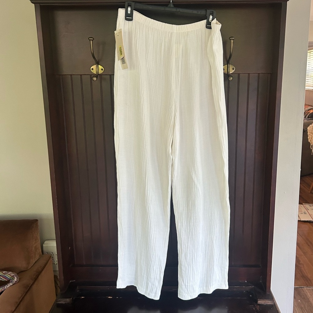 NWT VTG 90s Deadstock Ivory Crinkle Breezy Wide Leg Pull On Pants Resort Beach M - Picture 6 of 13